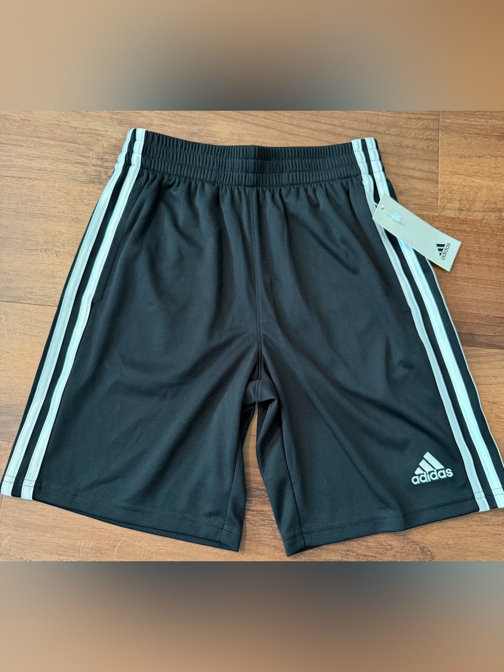 adidas Boys Black Athletic Shorts with White Side Stripes, Medium